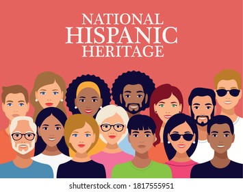 National Hispanic Heritage Celebration Lettering With Group Of People Vector Illustration Design