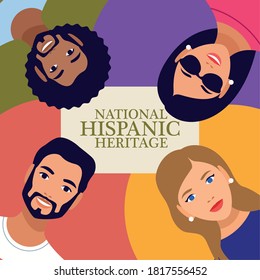 national hispanic heritage celebration lettering with people in square frame vector illustration design