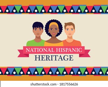 national hispanic heritage celebration lettering with people and ribbon frame vector illustration design