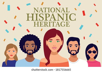 national hispanic heritage celebration lettering with people and confetti vector illustration design