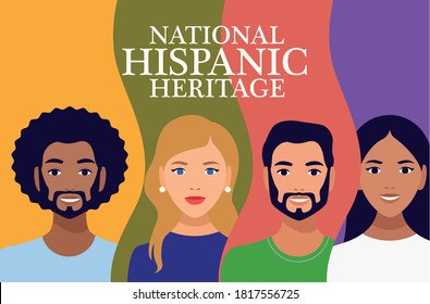 national hispanic heritage celebration lettering with people and colors background vector illustration design