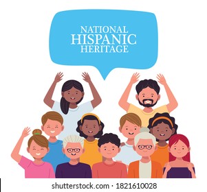 national hispanic heritage celebration with people and lettering in speech bubble vector illustration design