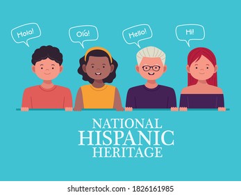 national hispanic heritage celebration with people and speech bubbles vector illustration design