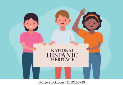 national hispanic heritage celebration with people lifting banner vector illustration design