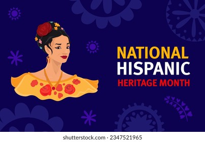 Banner del mes del patrimonio nacional hispano con personaje de baile femenino. El fondo vectorial presenta el retrato de bailarina de flamenco de carácter femenino. Celebración de la diversidad cultural y contribuciones País de España