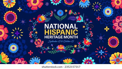 National Hispanic heritage month banner with flowers pattern ornament, vector background. Latin America art, culture and traditions of Hispanic heritage in huichol with tropical floral decoration