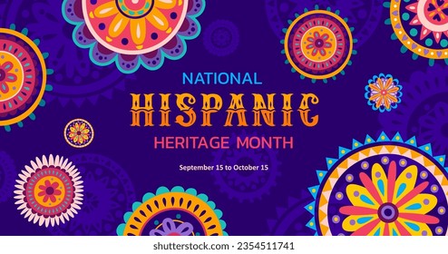 National hispanic heritage month banner with circle patterns. Vector background with bright colored alebrije style floral ornament, showcases rich cultural traditions and Spanish event celebration