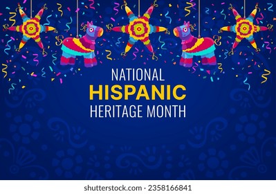 National Hispanic Heritage Month banner with holiday pinatas and confetti. Ethnic holiday background, Hispanic Heritage Month celebration flyer or Latin America culture carnival vector poster or card