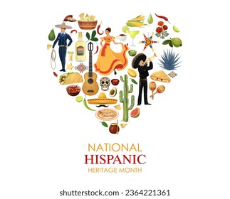 Banner del mes del patrimonio nacional hispano con cultura y tradiciones mexicanas, viajes vectoriales y lugares emblemáticos. México tradicional tequila, sombrero y pinata con tacos y burrito, mariachi y guitarra