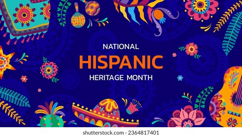 National Hispanic heritage month banner with tropical flowers and sombrero, holiday festival vector background. Hispanic Americans culture, traditions and art heritage poster with poncho and guitar