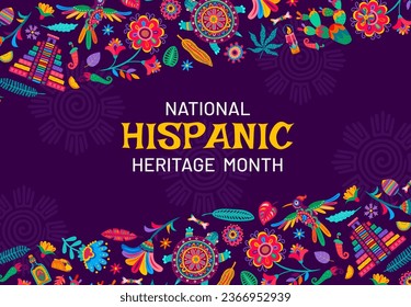 National hispanic heritage month banner with alebrije pattern. Vector festive background for annual hispanic traditional event with tropical flowers, birds or pyramid, bones, jalapeno and cacti plants