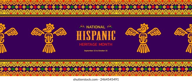 National Hispanic heritage month banner with Mayan or Aztec bird totem, vector ornament pattern. Latin Americans holiday of traditional Hispanic heritage of handicraft art, culture and traditions