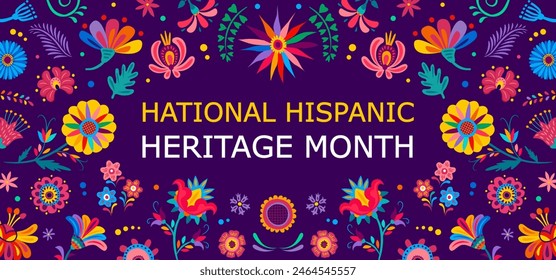 National hispanic heritage month banner with tropical flowers and plants vector pattern. Ethnic culture festival flyer of mexican and hispanic americans in floral ornaments frame on purple background