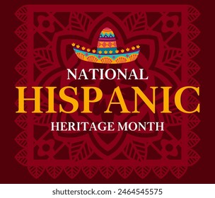 National Hispanic Heritage Month Banner mit Sombrero und Papel Picado Papierschnitt Flagge Vektorgrafik Hintergrund. Poster des mexikanischen und lateinamerikanischen Kulturfestivals mit leuchtender Farbe und ethnischem Muster