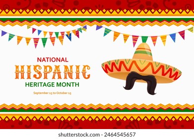 National Hispanic heritage month banner with ornament and sombrero hat, vector background. Latin America or Mexican culture, traditions and art banner with sombrero, mustaches and ethnic ornament