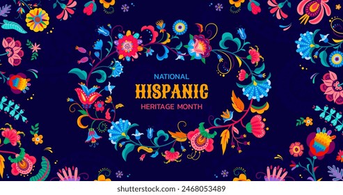 National Hispanic Heritage Month Banner mit Blumenrahmen, Latin Amerika Urlaub Vektorgrafik Hintergrund. Hispano-Amerikaner Kultur, Tradition und Kunst Festival Rahmen mit ethnischen tropischen Blumenornament