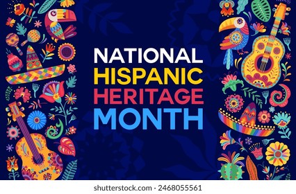 National hispanic heritage month banner with ethnic decorations, tropical flowers and animals vector borders. Mexican and spanish ethnic culture festival flyer, sombrero, guitar, maracas and toucan