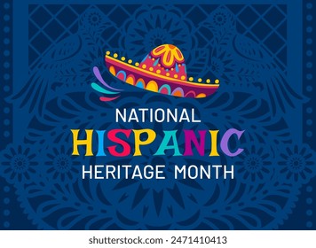 Nationaler hispanischer Denkmalmonat Banner mit ethnischem Muster und Sombrero Hut. Papel picado Papierschnitt Blume und Vogel Ornamente Vektorgrafik Hintergrund für mexikanische und spanische Feiertagsfestival Poster