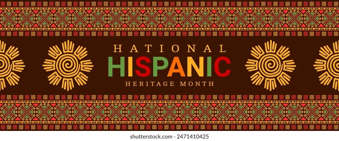 National Hispanic heritage month banner with sun Aztec totem, vector background. Hispanic Americans and Latin culture holiday festival of tradition and art of Maya and Aztec ethnic ornament heritage