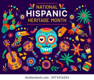 National Hispanic heritage month banner with skull, guitar and maracas, vector ornament pattern. Latin America Hispanic heritage festival background with pinata, cactus, toucan and tequila pattern