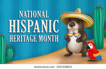 National Hispanic heritage month banner with 3d  cartoon Scarlet Macaw (Ara) parrot and cute fluffy capybara wearing a sombrero and holding maracas among cacti in a desert against blue background