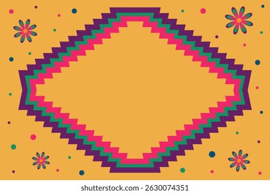 National Hispanic Heritage Month. Bright horizontal background with traditional Mexican pattern, flowers and confetti. Vector banner with copy space.