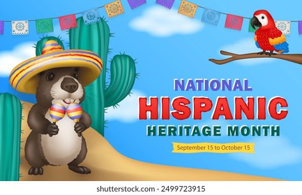 National Hispanic Heritage Month cartoon banner with realistic festive paper flags garland, a cute 3d Capybara in a sombrero holding maracas, cacti in sand, and a bright scarlet Macaw Parrot.