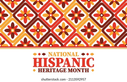 National Hispanic Heritage Monat. Feiern Sie jährlich im September und Oktober in den Vereinigten Staaten. Hispanische und lateinamerikanische Kultur. Poster, Karte, Banner und Traditionsmuster. Vektorgrafik