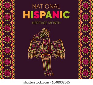 National Hispanic Heritage Month celebrated from 15 September to 15 October USA. Latino American poncho ornament vector for greeting card. Parrot, cockatoo, macaw, toucan illustration embroidery.