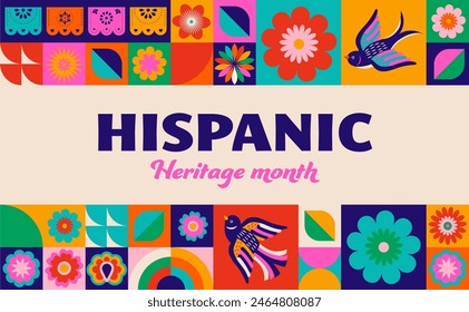 National hispanic heritage month celebration. Background, banner and card with flowers. Geometric colorful concept design floral pattern. Vector illustration