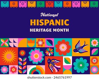 National hispanic heritage month celebration. Background, banner and card with flowers. Geometric colorful concept design floral pattern. Vector illustration