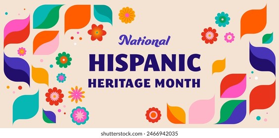 In: National Hispanic Heritage Month Celebration. Hintergrund, Banner und Blumenkarton. Geometrisch buntes Konzept Design Blumenmuster. Vektorillustration