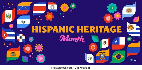 In: National Hispanic Heritage Month Celebration. Hintergrund, Banner und Karte mit Nationalflaggen und Blumen. Buntes Konzept Design Blumenmuster. Vektorillustration