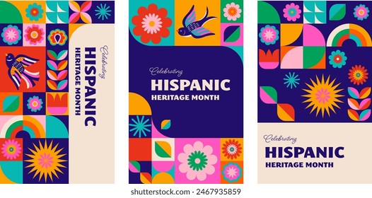 In: National Hispanic Heritage Month Celebration. Hintergrund, Banner, Story Vorlage Design. Geometrisch buntes Konzept Design Blumenmuster mit Blumen, Fahnen und traditionellen Dekorationen. . Vektorgrafik