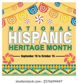 National Hispanic Heritage Month featuring colorful decorations, traditional patterns, and bold text, emphasizing culture, heritage, and pride. 