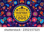 National Hispanic heritage month festival banner with tropical flowers pattern, vector ethnic floral ornament. Hispanic Americans culture, tradition and art heritage background for Latin folk festival