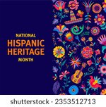 National Hispanic heritage month festival banner with ethnic floral ornament, vector background. Hispanic Americans culture, tradition and art heritage in ethnic ornament sombrero, guitar and flowers