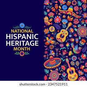 National hispanic heritage month festival banner with colorful tropical flowers, sombrero and animals. Vector festival card features bold colors, cultural symbols and alebrije style floral pattern