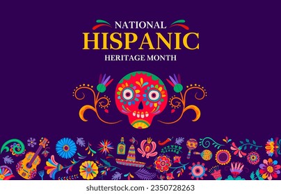 National hispanic heritage month festival banner with calavera skull and tropical flowers. Vector background for celebrating the rich cultural heritage of the hispanic community