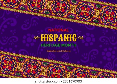 National hispanic heritage month festival banner with ethnic ornament patterns. Mexican and Spanish national festival banner, Hispanic heritage month vector background with mexican flourish ornament