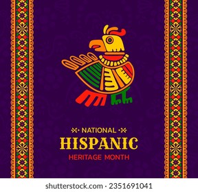 National hispanic heritage month festival poster with mayan aztec bird totem. Hispanic culture holiday vector background with ethnic ornament, South America ancient civilization totem bird symbol