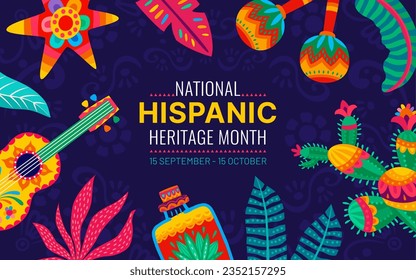 National Hispanic heritage month festival flyer with cactus, guitar, maracas, pinata and tropical flowers, vector background. Hispanic Americans culture, tradition or art and ethnic music heritage