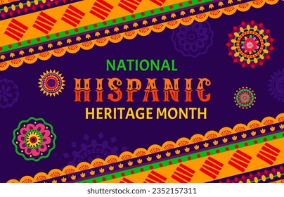 National Hispanic heritage month festival flyer with ethnic floral ornament, vector background. Hispanic Americans culture, traditions and art heritage poster with tropical flowers and plants ornament