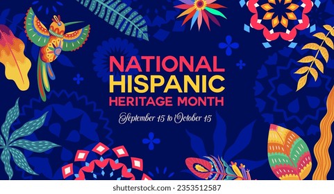 National Hispanic heritage month festival poster with tropical flowers, vector background. Hispanic Americans holiday of culture, tradition and art heritage in floral ornament with flowers and birds