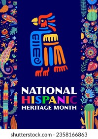 National Hispanic Heritage Month festival flyer or poster with Mayan, Aztec totem. Mexican or Spanish festival banner, Latin America culture celebration vector invitation card with lizard, flowers