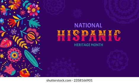 National Hispanic Heritage Month festival poster. Hispanic Heritage Month festival poster, Mexican or Spanish ethnic holiday banner, celebration invitation vector card with flowers and typography