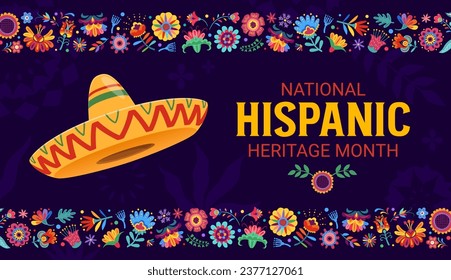 National Hispanic heritage month festival banner with sombrero hat and tropical flowers ornament, vector background. Hispanic Americans ethnic traditional fiesta festival of culture, tradition and art