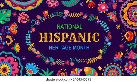 National Hispanic Heritage Month Festival oder Karneval Banner in Vektorgrafik Rahmen von Hispanic American Blumenmuster. Cartoon tropische Blumen und Pflanzen mit hellen Farbornamenten Festliches Poster