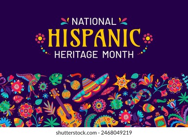 National Hispanic heritage month festival banner with tropical flowers, guitar and sombrero, vector ornament pattern. Latin American culture and Hispanic heritage month holiday of tradition and art