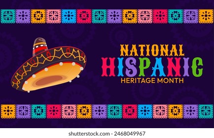 National hispanic heritage month festival banner with sombrero hat and papel picado garland on vector background of mexican and spanish pattern. Latino culture holiday poster of color paper cut flags